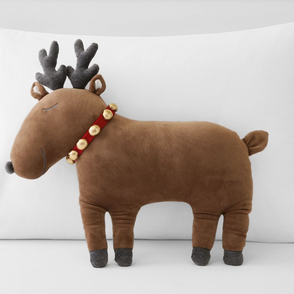 Pottery Barn Kids Christmas Reindeer Deer Shaped Pillow Jingle Bell Pom Poms